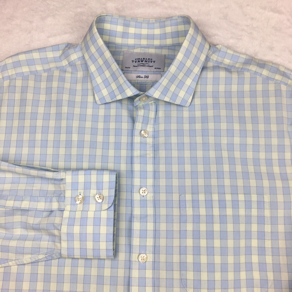 Charles Tyrwhitt Dress Shirt Mens 18-37 Blue/Green Checks Slim Fit